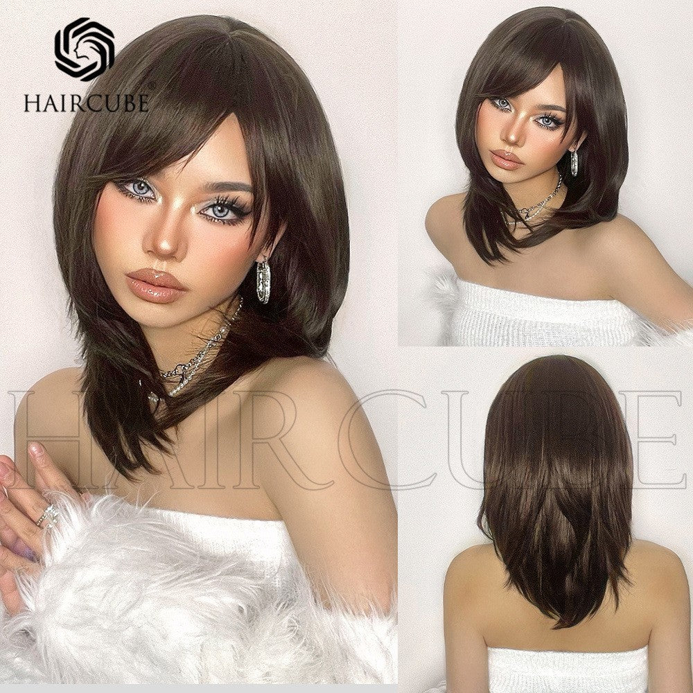 Female Hair Head Gradient Color Golden Bangs Cover Long Straight Wig