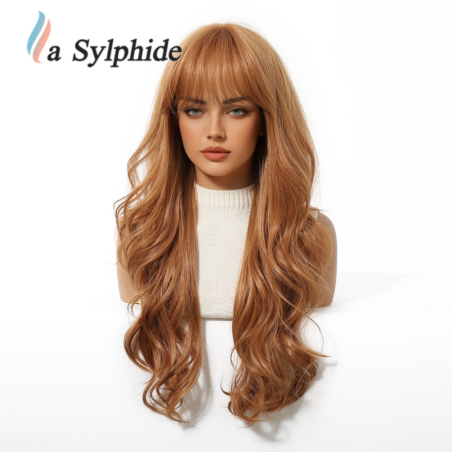 Straight Bangs Orange Wavy Curly Hair Mechanism Wig Long Curls