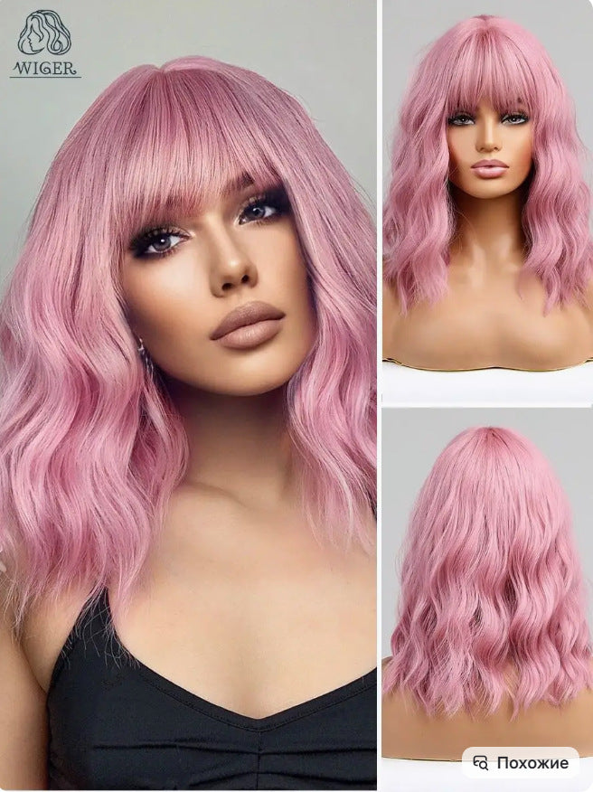 Women's Fashion Gray White Mixed Color Short Curly Hair Side Bangs Long Straight Wig