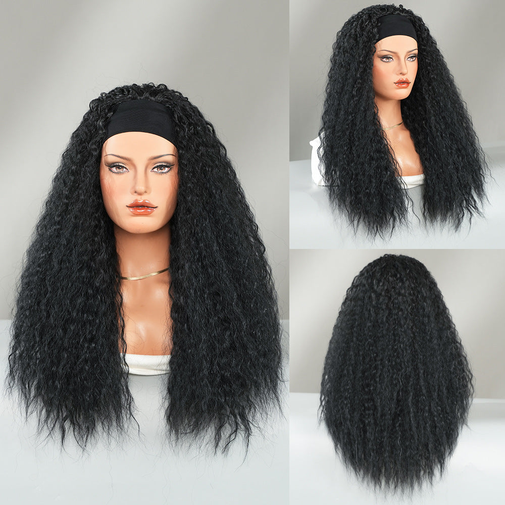 Women's Black Headscarf African Small Curly Hair Wig Long Curls