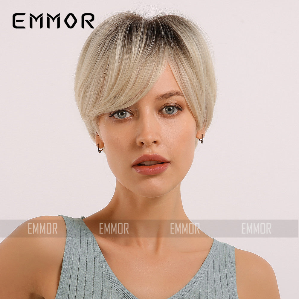 Women's Black Gradient Golden Chemical Fiber Wig Short Straight Hair