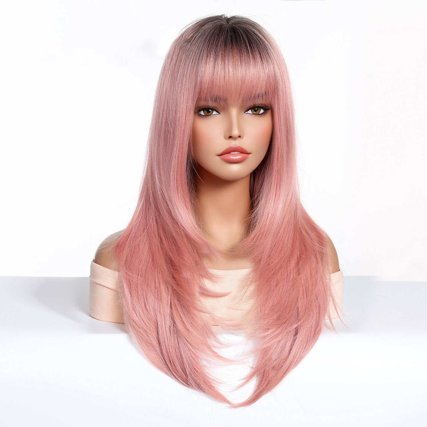 Versatile Women's Bangs Head Cover Layered Long Straight Wig