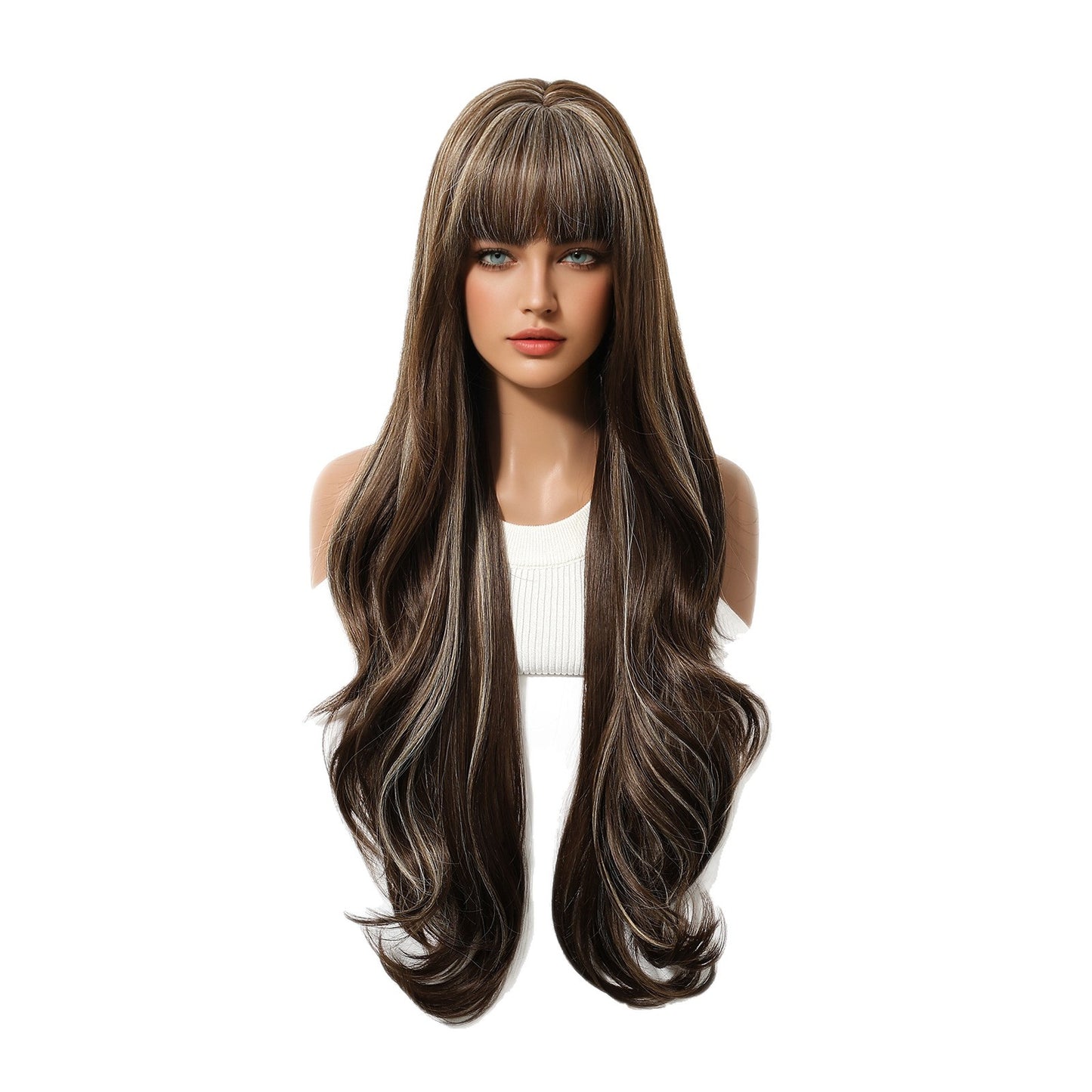 Dyed Brown Straight Bangs Big Wave Curly Wig Long Curls