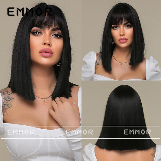 Unique Women's Fashion Natural Black Bangs Wig Short Straight Hair