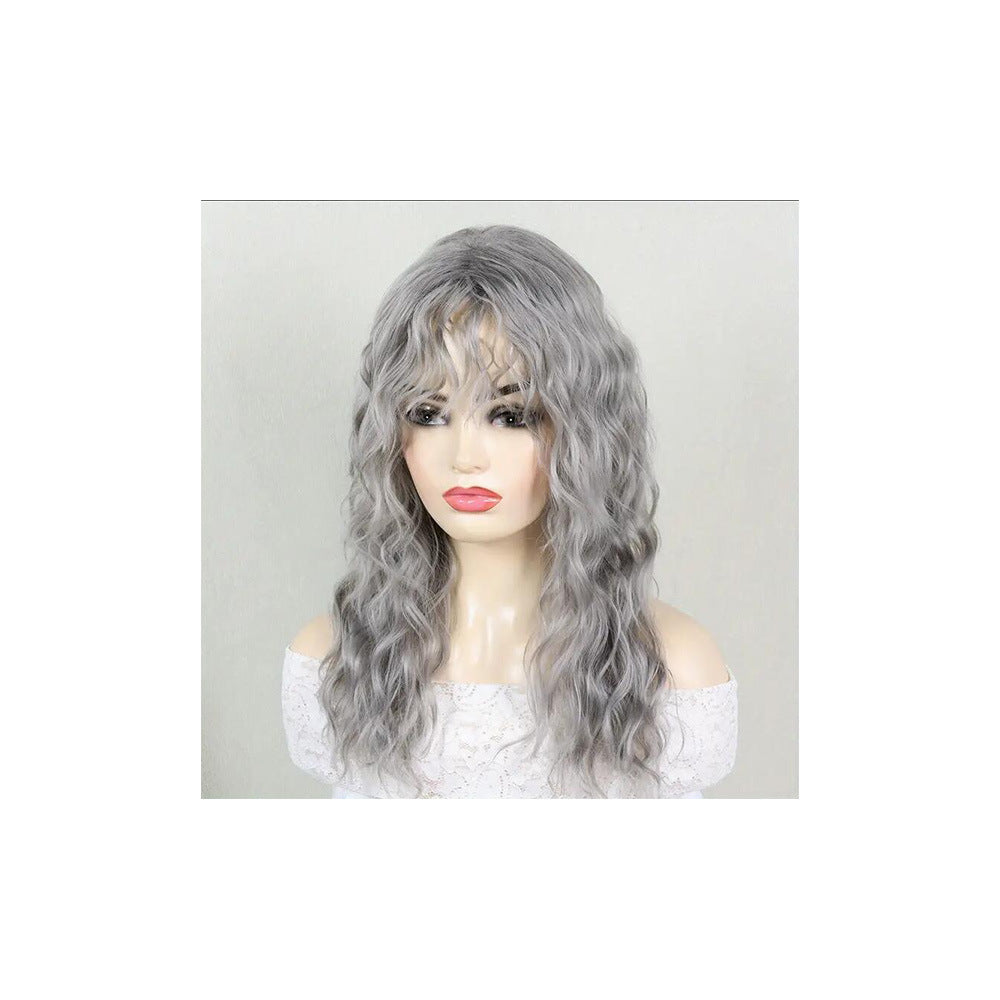 Women's Curling Bangs Wavy Gray Water Ripple Synthetic Wig Long Curls