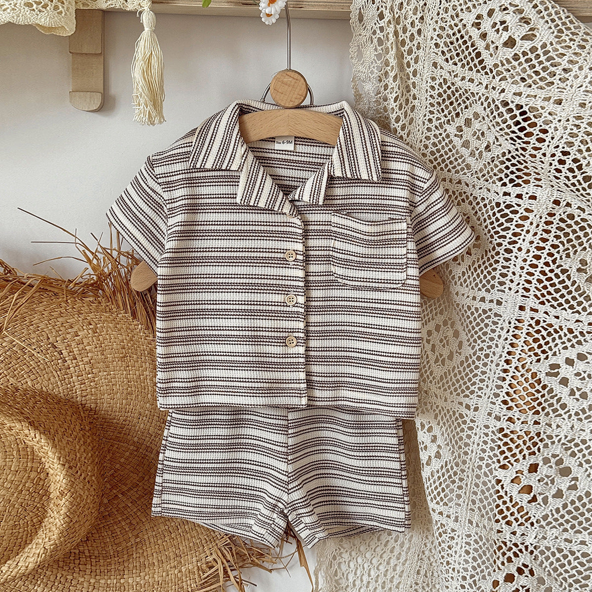 Children's Solid Color Narrow Striped Button Two-piece Children's Suit