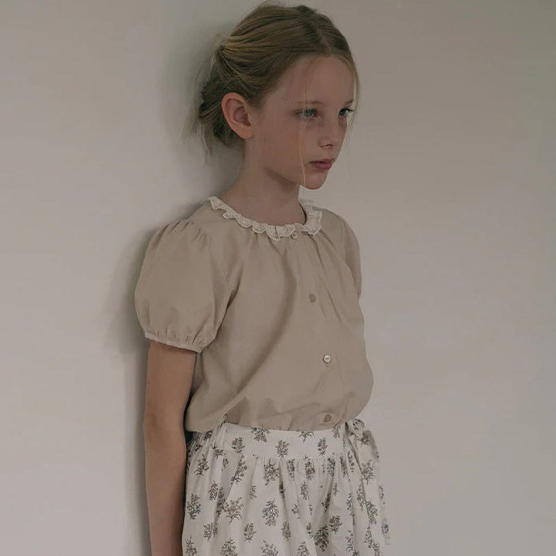 Cotton Pink Lace Peter Pan Collar Cute Doll Short Sleeve Children's Shirt