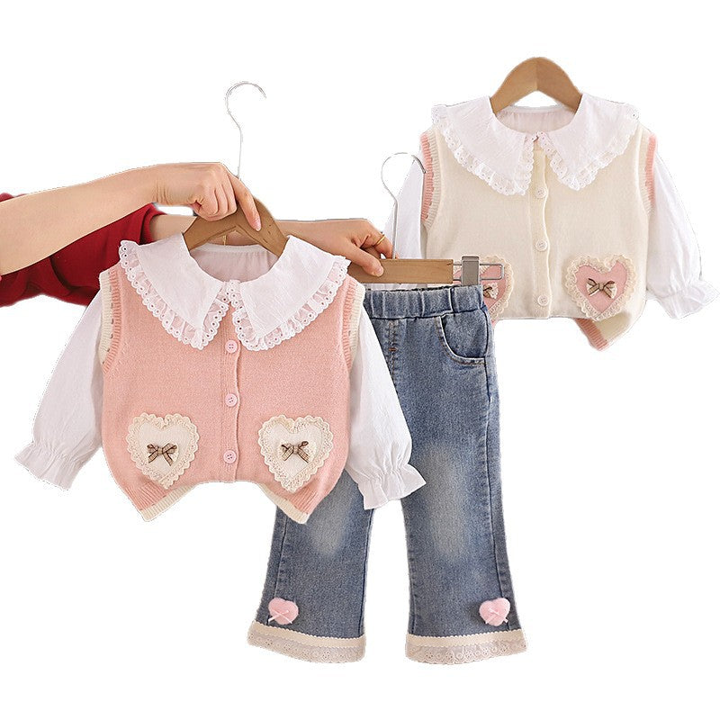 Lace Love Sweater Vest Cute Lapel Bell-bottom Children's Suit