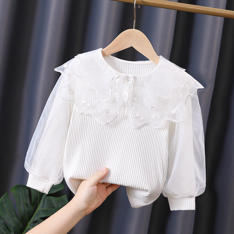 Children's Long-sleeved Pure Cotton White Doll Collar Lace Top Children's T-shirt
