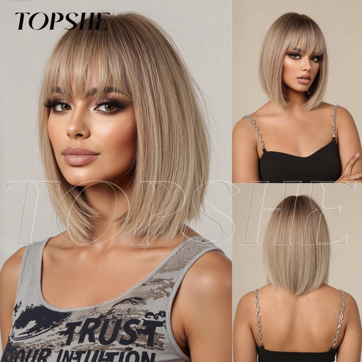 Female Clavicle Gradient Gold Simulation Scalp Wig Short Straight Hair