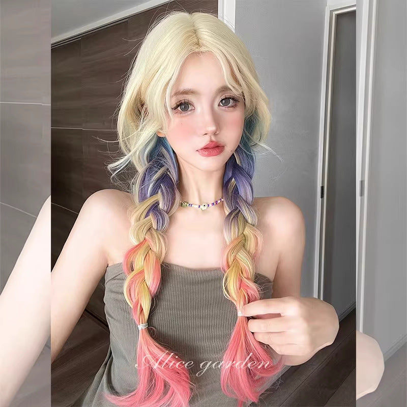 Long Curly Hair Rainbow Gradient Natural Simulation Big Wave Atmosphere Cos Wig