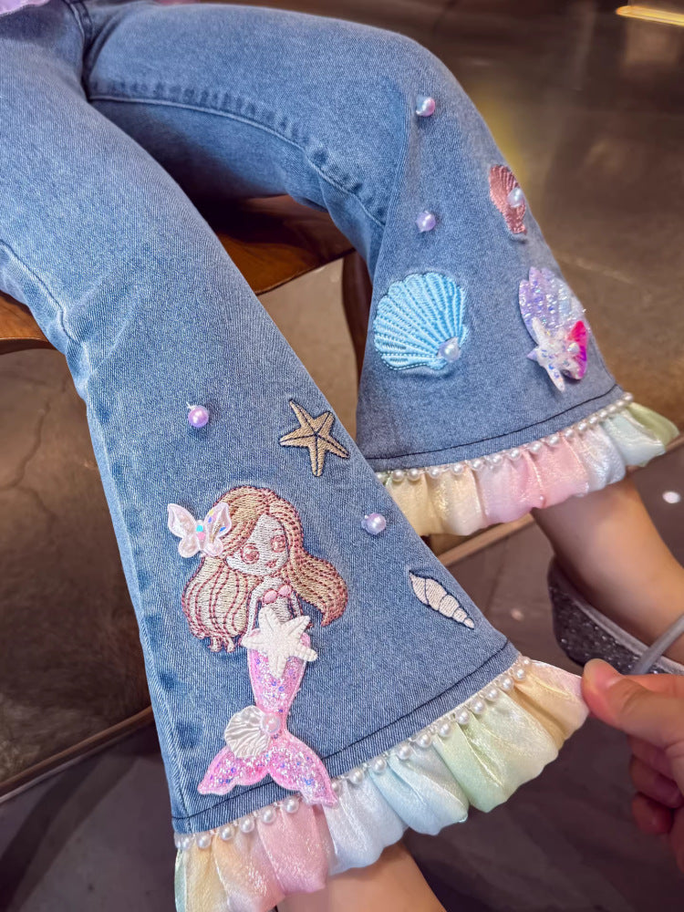Children's Jeans Fashionable Bell-bottom Cartoon Mermaid Trousers Children's Pants