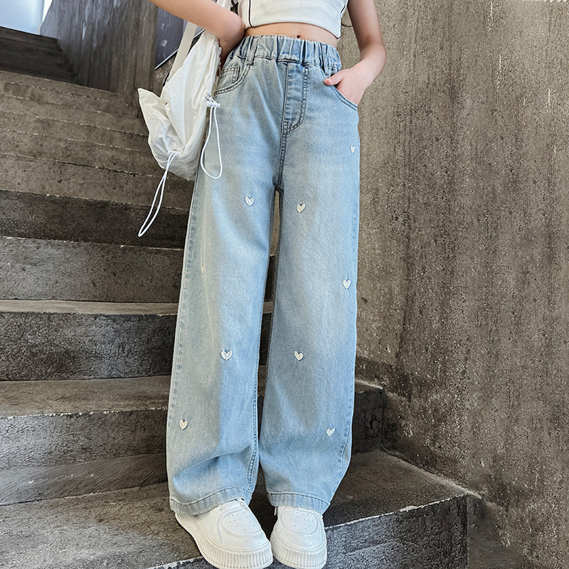 Autumn Western Style Little Love Embroidered Jeans Children's Pants