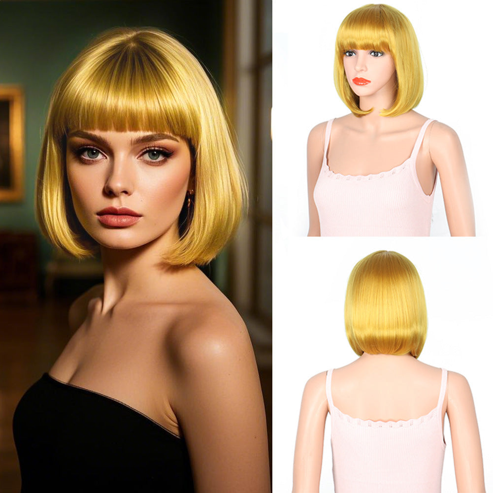 Women's Fashion Long Black Head Cover With Wig Short Straight Hair
