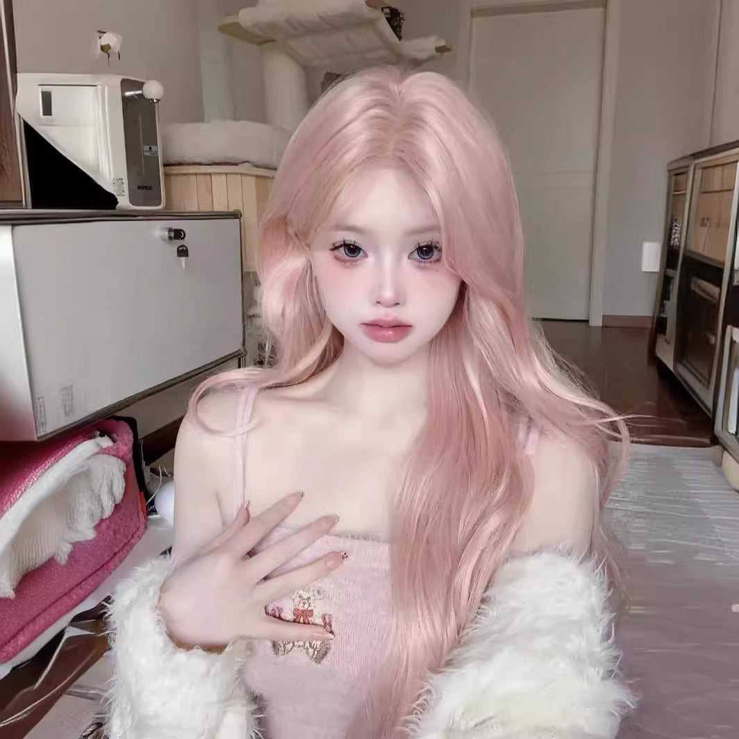 Female Rose Pink Hair Mid-length Bangs Big Wave Wig Long Curls