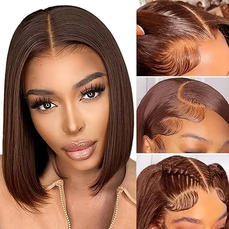 Front Lace Dark Brown Head Bangs Wig Short Straight Hair