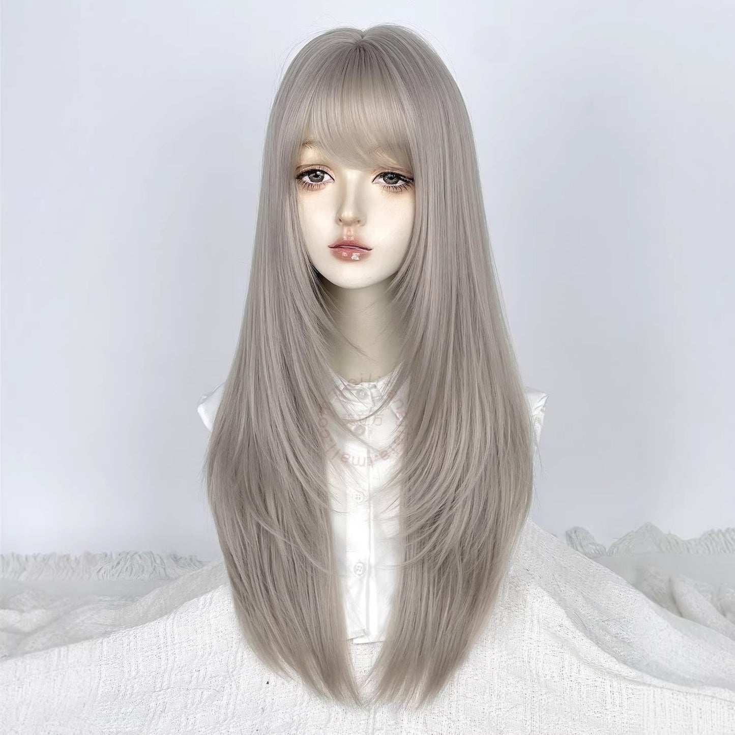 High-level Sier Gray Female Bangs White Long Straight Wig