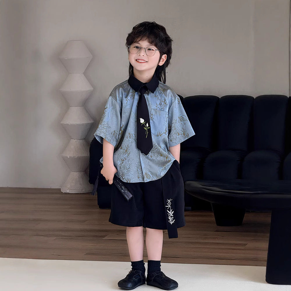 Children's Suit Short-sleeved Korean Style Loose Fashionable Beach Shorts Children's Shirt