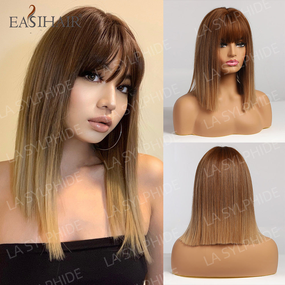 Synthetic Bob With Bang Brown Hair Long Straight Wig