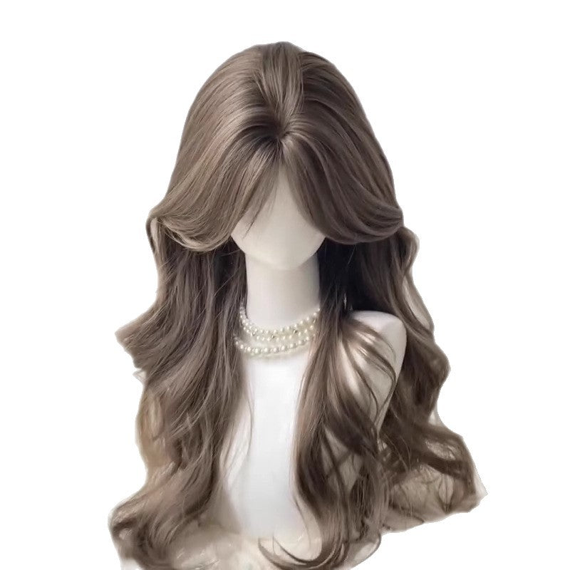 Female Mint Rice Brown Bangs Curly High Skull Top Supplementing Wig Long Curls