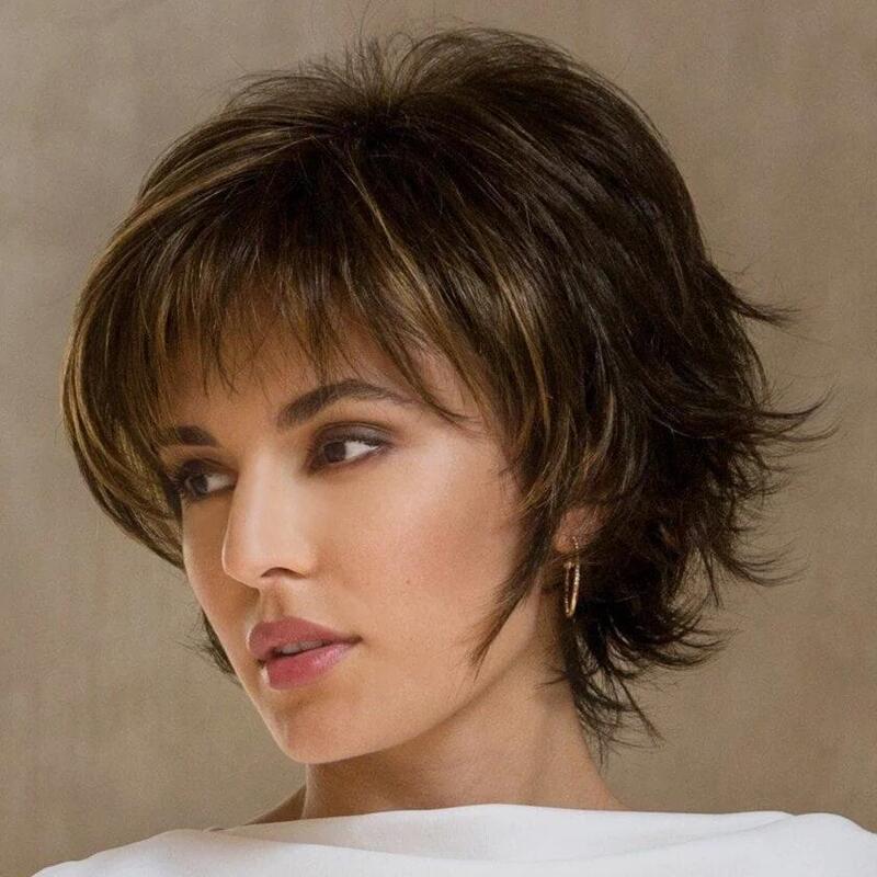 Fluffy Bangs Dark Brown Lady One Wig Short Straight Hair