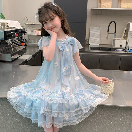 Children's Blue Lace Sweet Cute Medium Large Female Summer Korean Travel Children's Dress