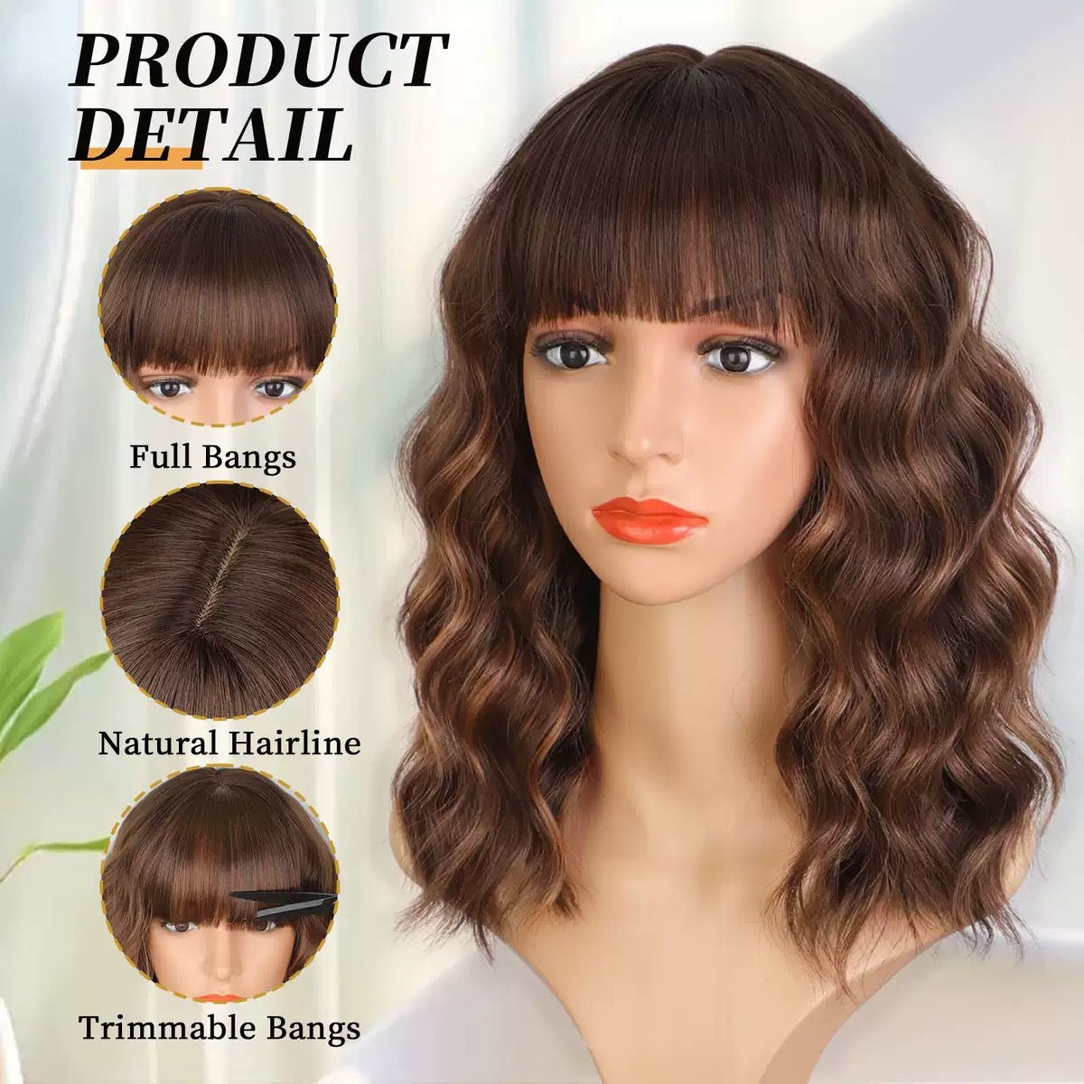 Women's Mid-length Straight Bangs Water Ripple Fashion Wig Short Curly Hair