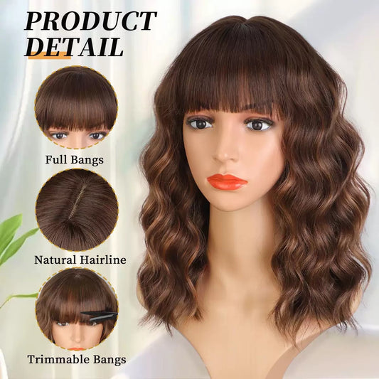 Women's Mid-length Straight Bangs Water Ripple Fashion Wig Short Curly Hair