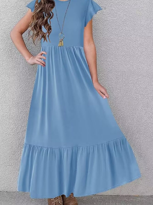 Crew Neck Casual Elegant Layered Super Long Children's Dress