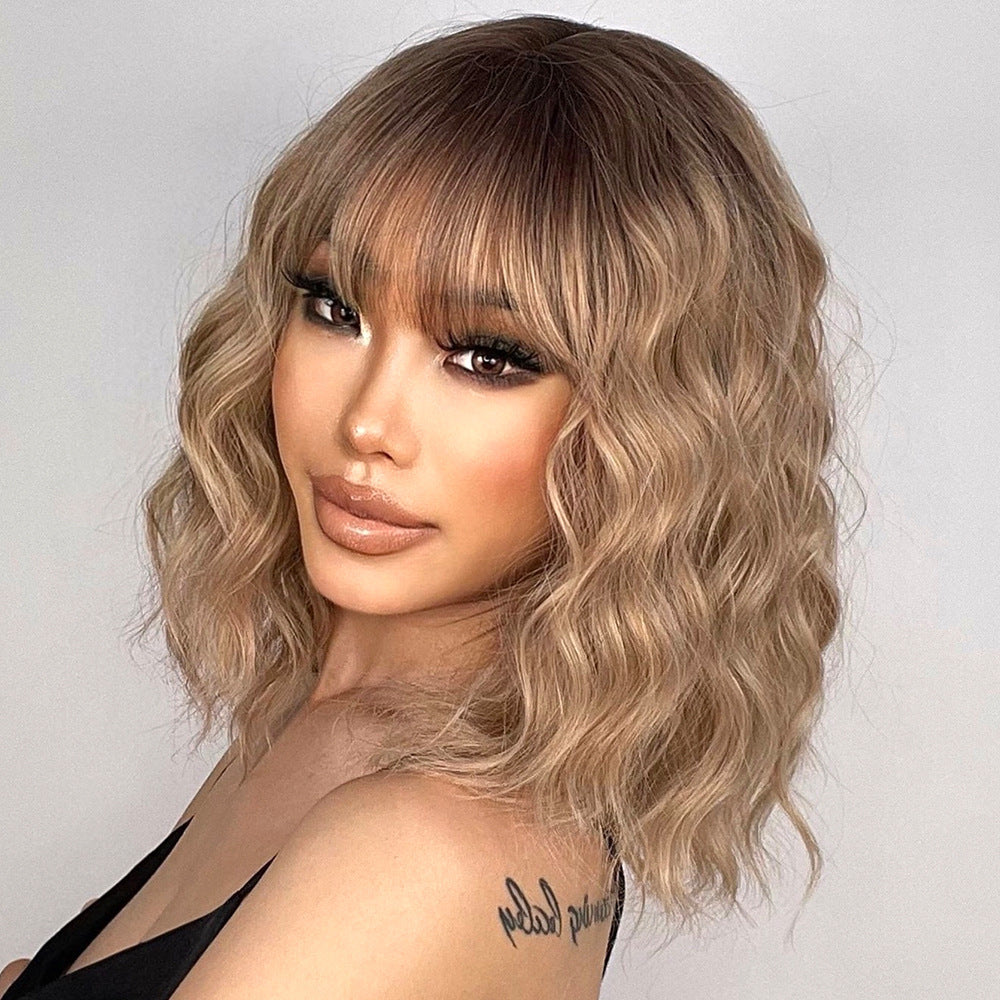 Water Ripple Black Gradient Golden Full Top Chemical Fiber Wig Short Curly Hair