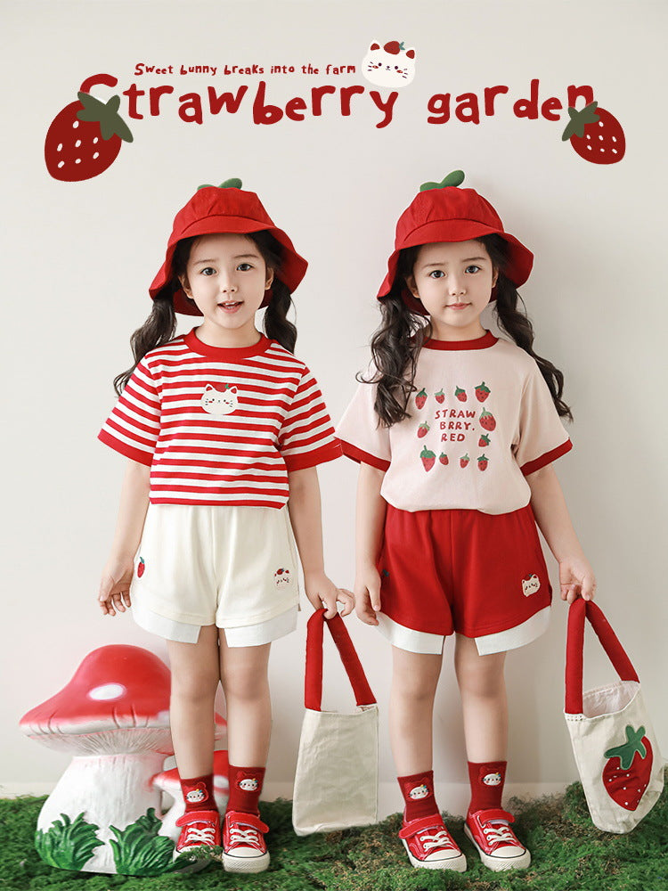 Strawberry Series Summer Cool Loose Short-sleeved Embroidery Shorts Children's T-shirt