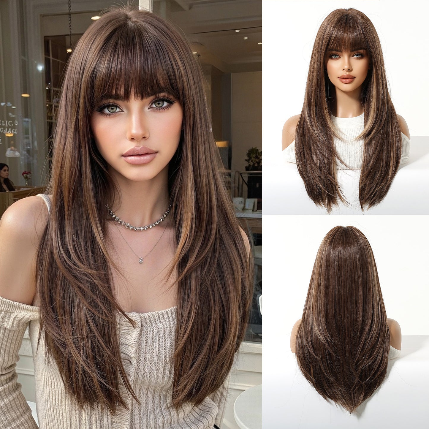 Bangs Layered Chemical Fiber Hair Cover White Gold Color Barbie Long Straight Wig
