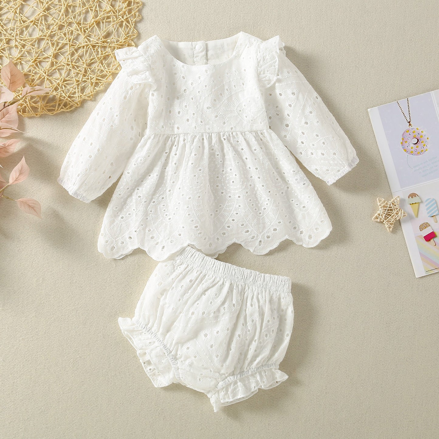 Summer Cotton Net Pink White Open Back Long Sleeve Skirt Children's Suit