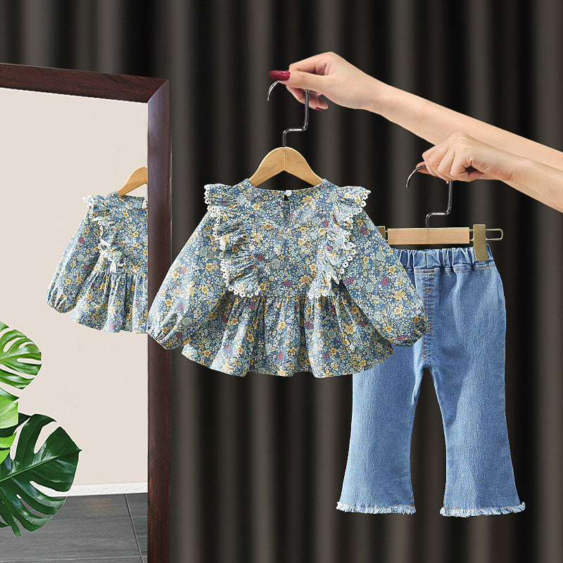 Long Sleeve Shirt Casual Jeans Two-piece Children's Suit