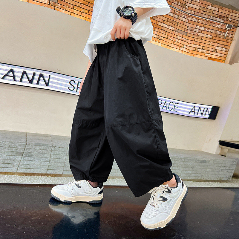 Older Boys Black Straight Lantern Overalls Summer Loose Children's Pants