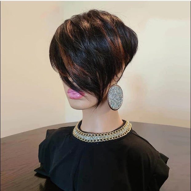 Female Side Bangs Pick Dyeing Mechanism Wig Short Straight Hair