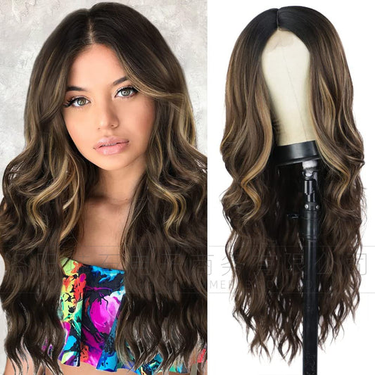 Women's Lace Small Middle Points Highlight Curly Hair Synthetic Wig Long Curls