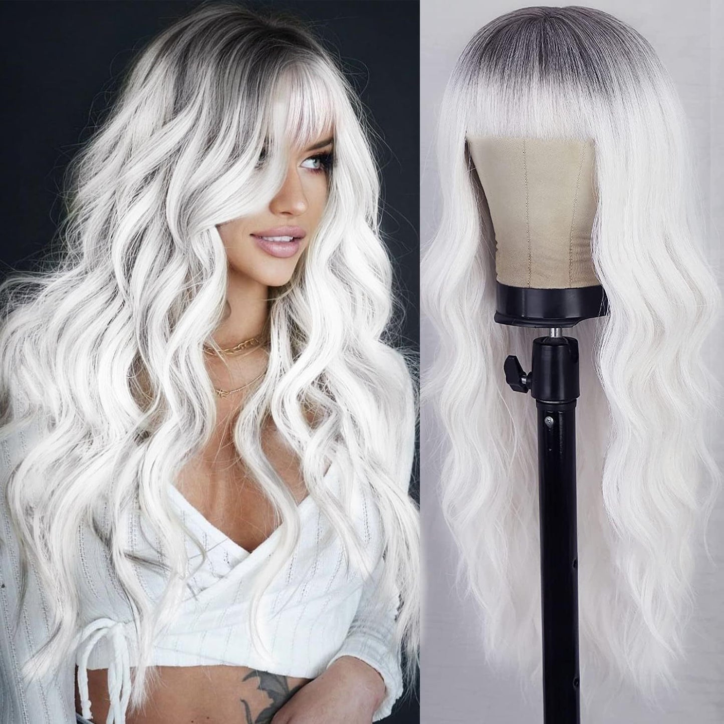 Black Gradient White Straight Bangs Big Wave Curly Hair Wig Long Curls