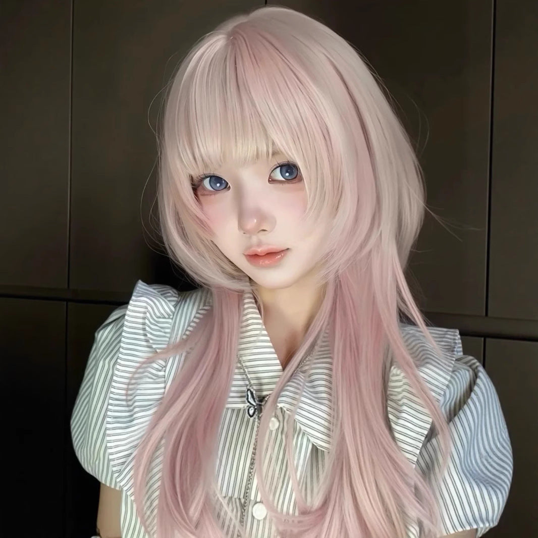 Female Cherry Pink High Level Head Daily Face Repair Long Straight Wig