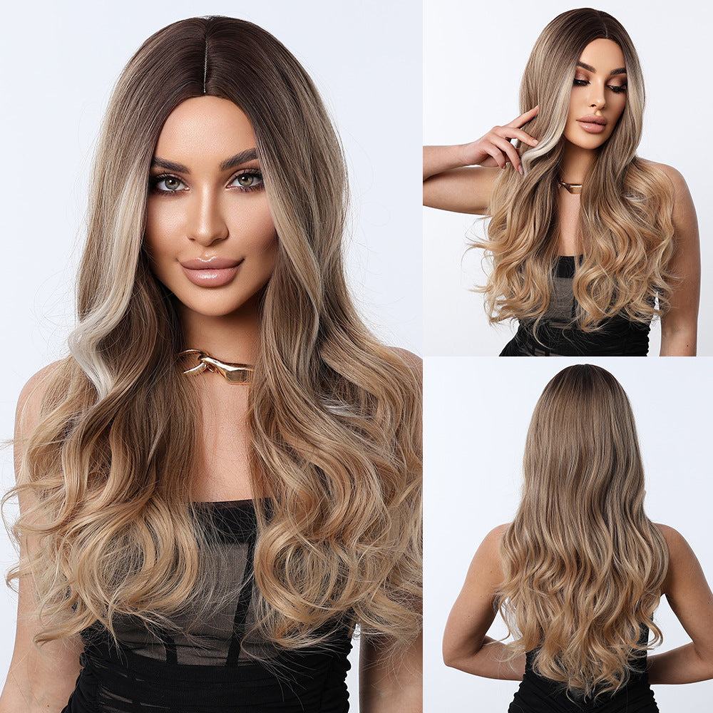 Female Curly Hair Chemical Fiber Fashion Medium Gradient Brown Big Wig Long Curls