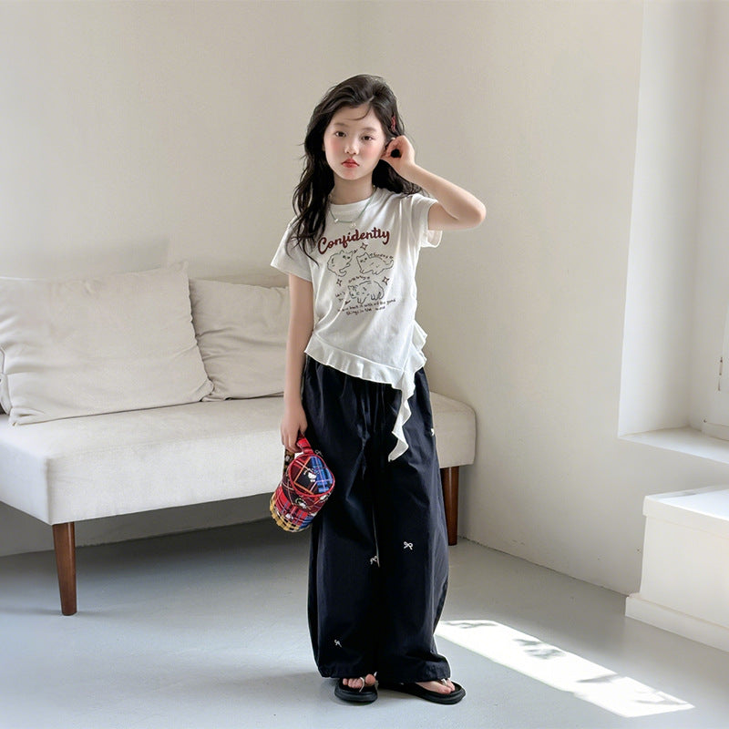 Embroidered Bow Loose Teens Casual Straight Children's Pants