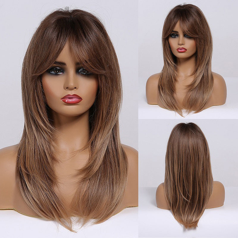 Gradient Gold Black Brown Mid-length Straight Hair Wig Long Curls
