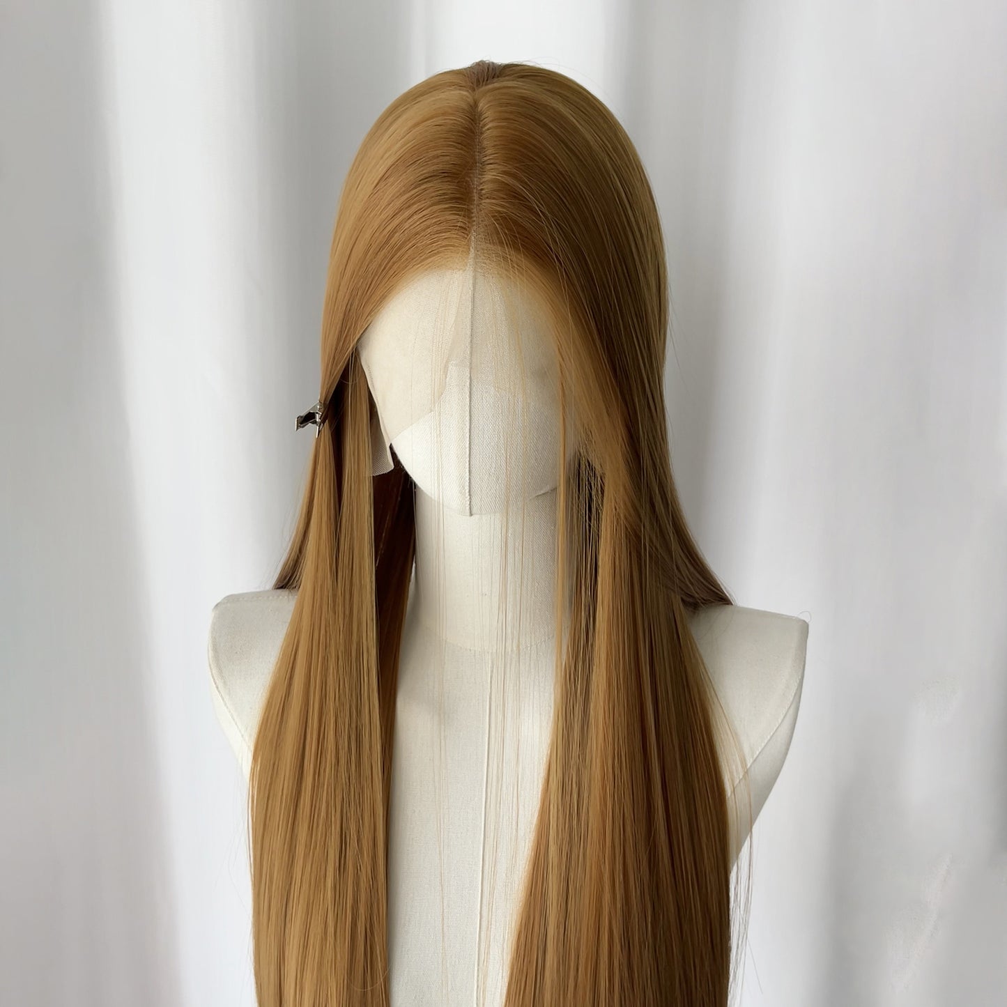 White Gold Color Large Area Hand Crochet Forehead Lace Female Long Straight Wig