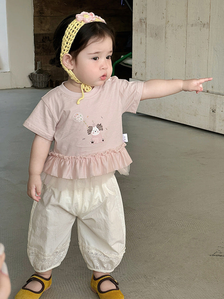 Summer Korean Style Cartoon Print Top Lace Stitching Short Children's T-shirt