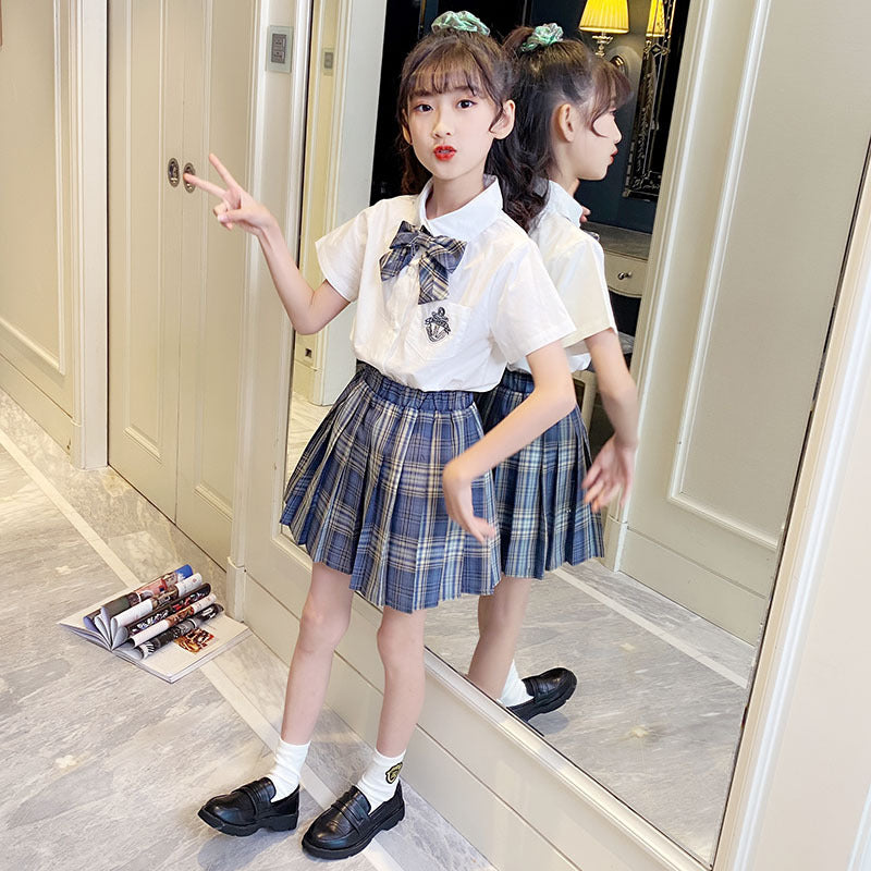 Children's Uniform Skirt Summer Preppy Style Bow Pleated Two-piece Children's Suit