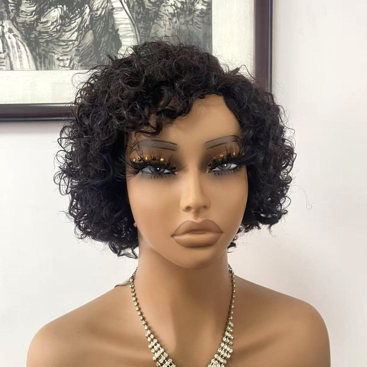 Small Volume Short Elf Head Cover Curly Real Hair Wig