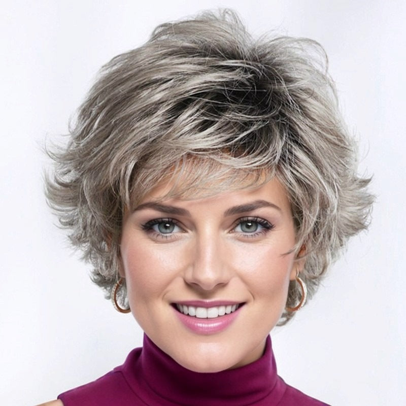 Best-selling Gradient Gray Side Bangs Fluffy Wig Short Curly Hair