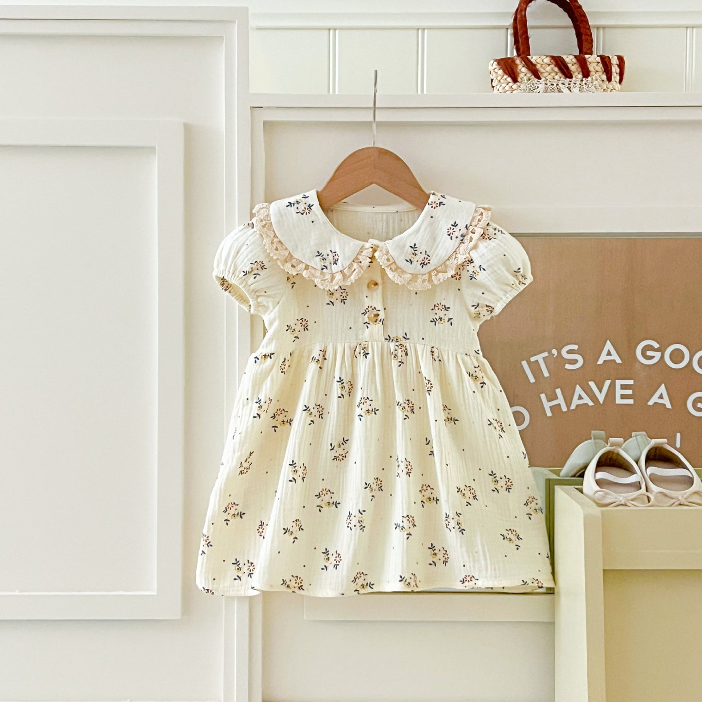 Style Cotton Printed Lace Lapel Soft Children's Dress