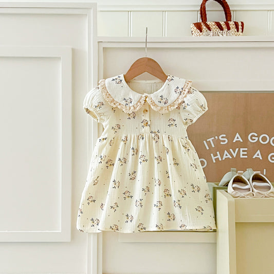 Style Cotton Printed Lace Lapel Soft Children's Dress