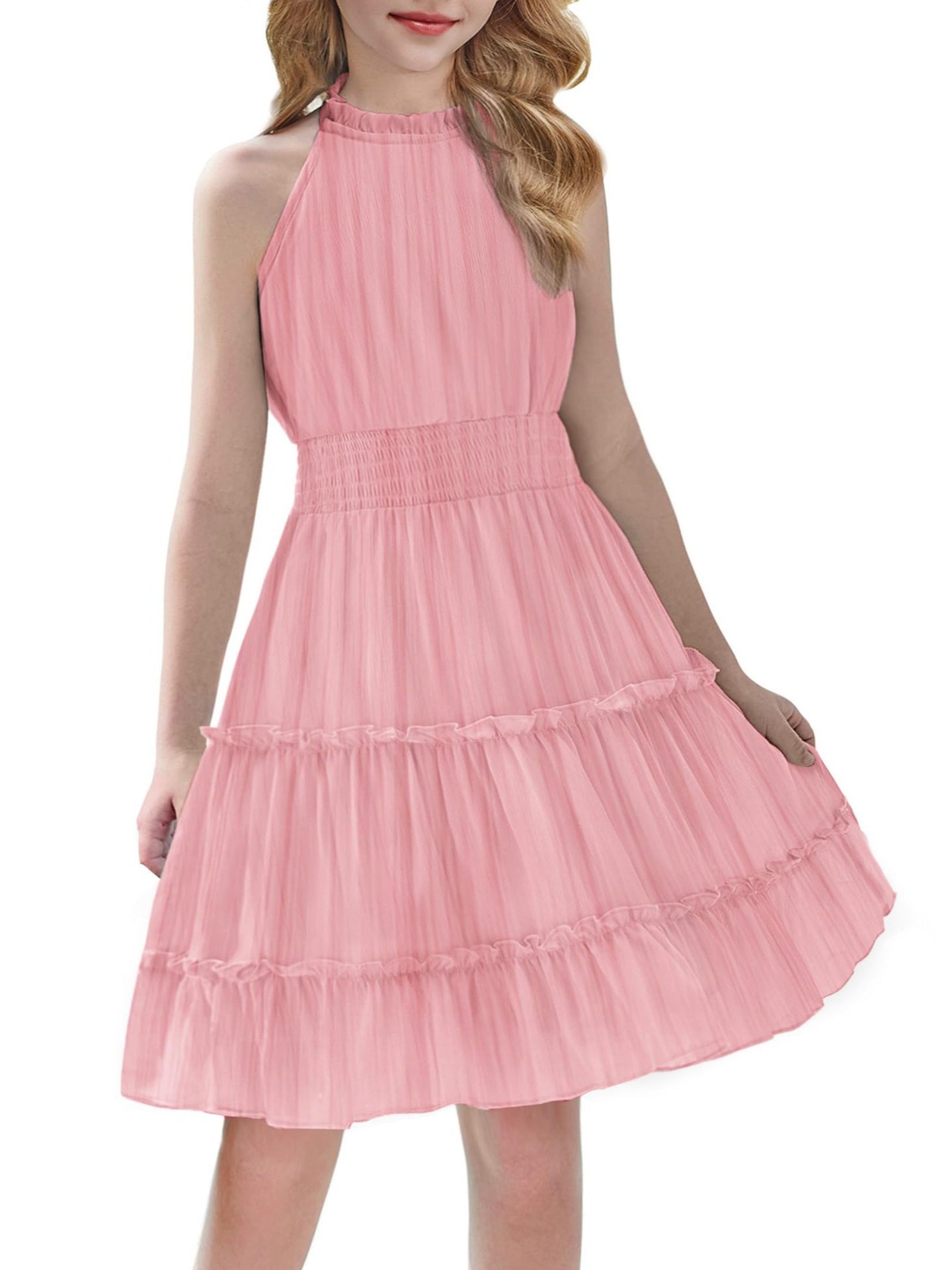 Solid Color Pleated Sleeveless Simple Temperament Commute Elegant Children's Dress
